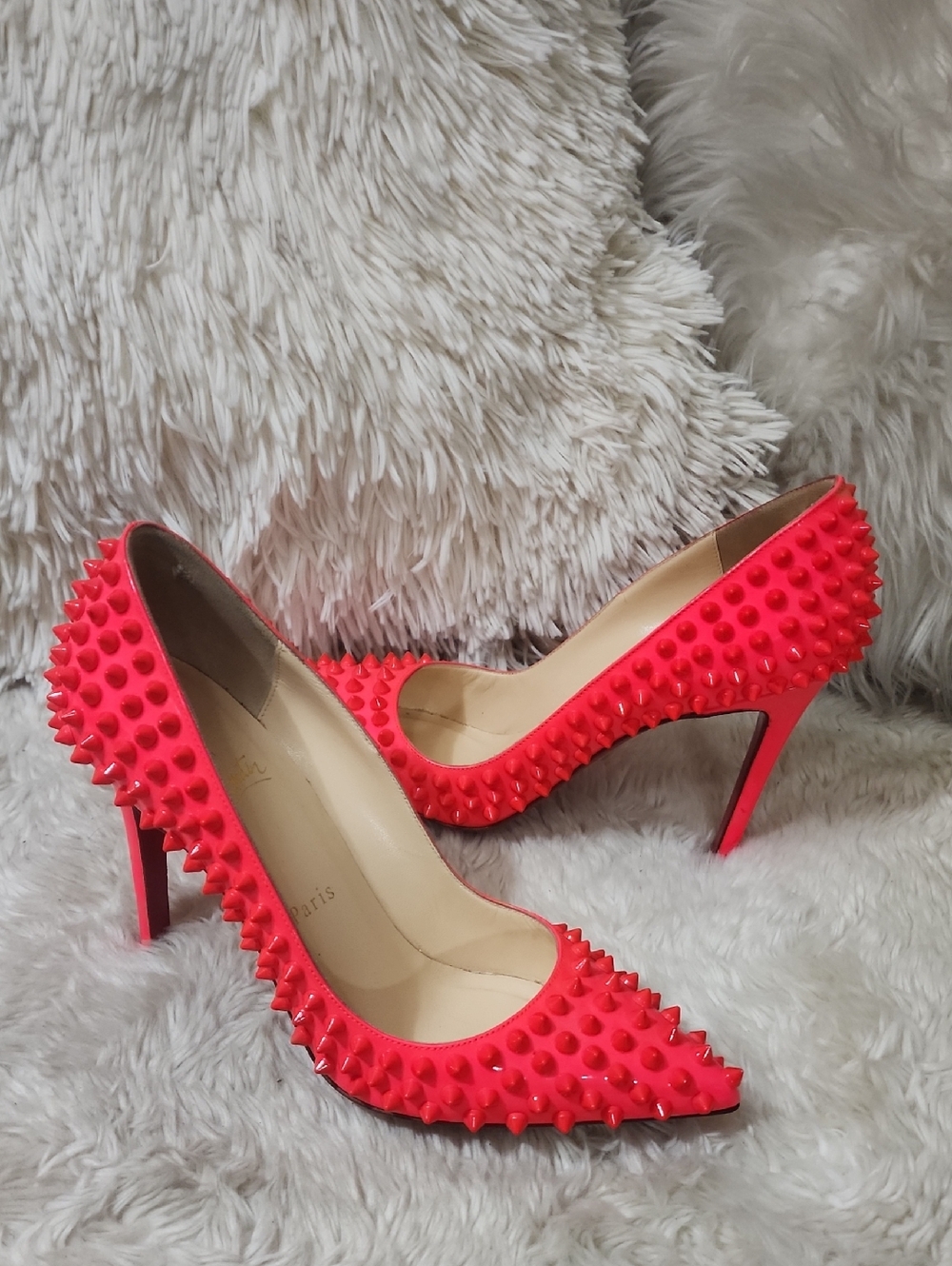 Christian Louboutin Neon Pink Patent Spike-Stud Pointed Pumps